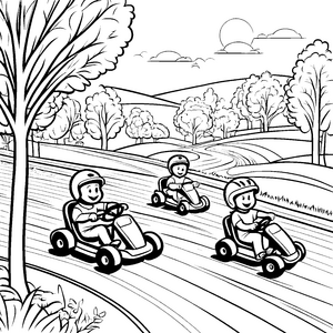 Spannende Kartfahrt auf der Rennstrecke Ausmalbild für kleine Rennfahrer