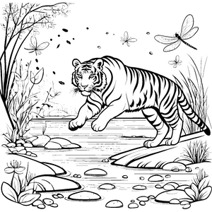 Spritziger Tiger springt über den Bach Ausmalvorlage für neugierige Tierfreunde