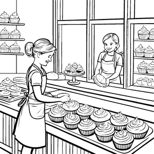 Bunte Cupcake-Kreationen in der süßen Bäckerei Ausmalbild für kleine Backmeister