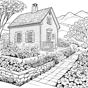 Idyllisches Gartenhaus umgeben von blühenden Pflanzen Ausmalmotiv für kreative Naturfreunde