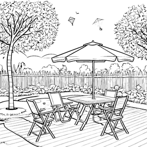 Gemütliche Klappstühle unter dem Sonnenschirm Ausmalbild für kreative Gartenfreunde