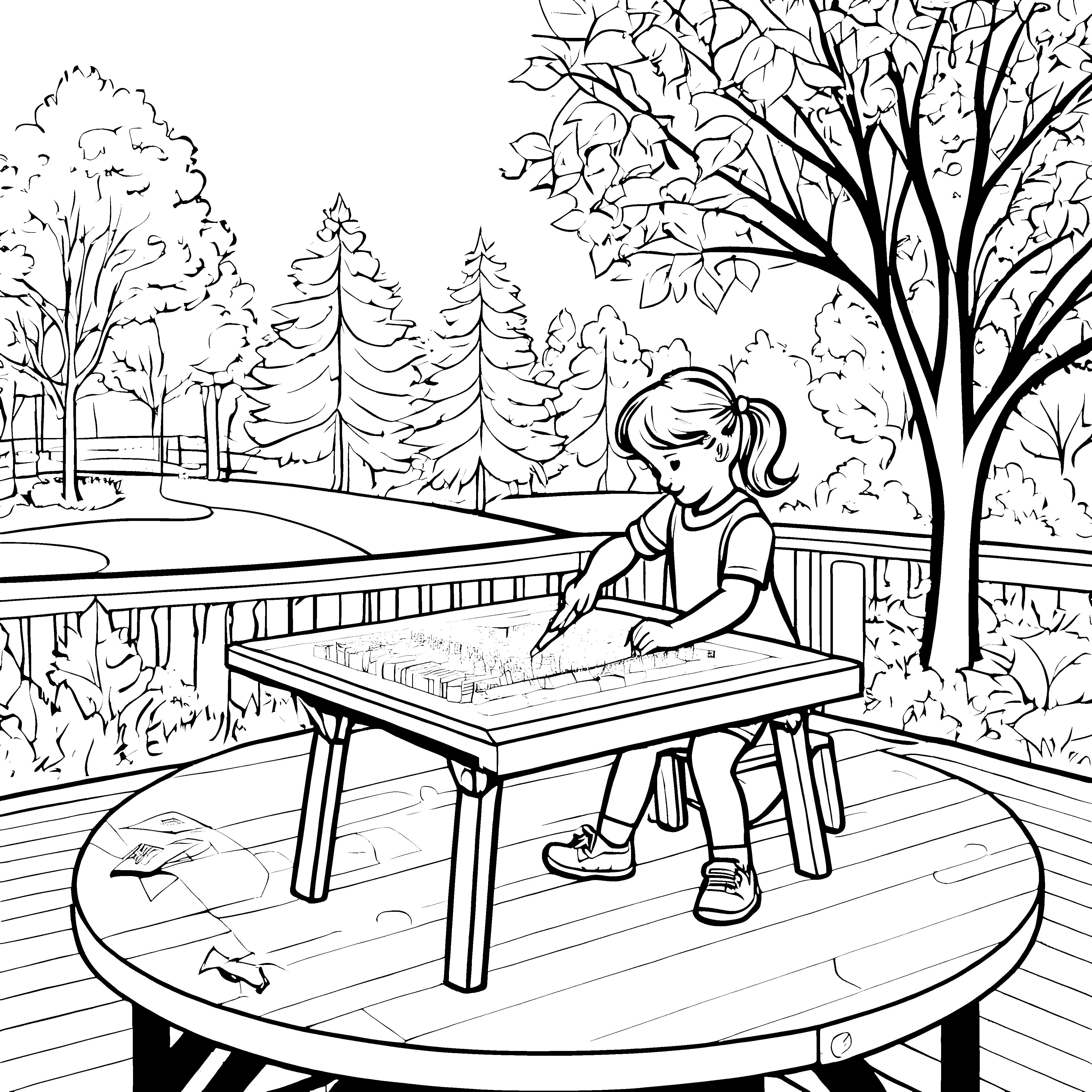 Kreativer Klapptisch im farbenfrohen Garten Ausmalmotiv für kleine Entdecker