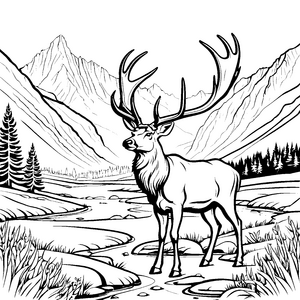 Majestätischer Riesenhirsch im malerischen Gebirge Ausmalbild für neugierige Naturfreunde