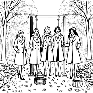 Elegante Damen-Mäntel in herbstlicher Kulisse Malvorlage für stilbewusste Modefans