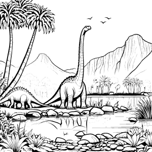Majestätischer Diplodocus in tropischer Landschaft Ausmalbild für neugierige Dino-Entdecker