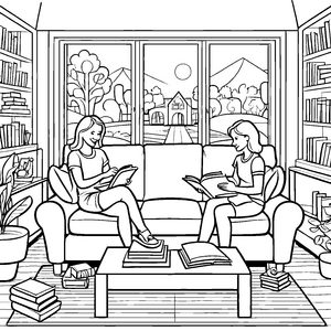 Gemütliches Zweisitzer-Sofa mit Bücherfreundinnen Ausmalmotiv für kreative Leseratten