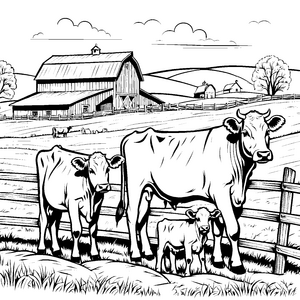 Harmonische Kühe auf der idyllischen Farm Ausmalvorlage für kleine Tierfreunde