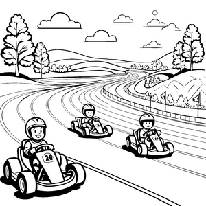 Rasante Kart-Rennen auf der kurvenreichen Strecke Ausmalbild für junge Motorsportfans