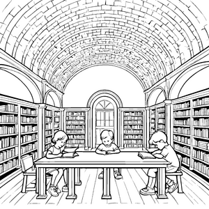 Gewölbe mit lesefreudigen Kindern Ausmalmotiv für wissbegierige Bücherfans
