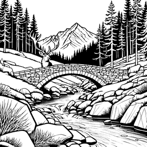 Majestätischer Riesenhirsch auf malerischer Brücke Ausmalmotiv für stilvolle Naturentdecker
