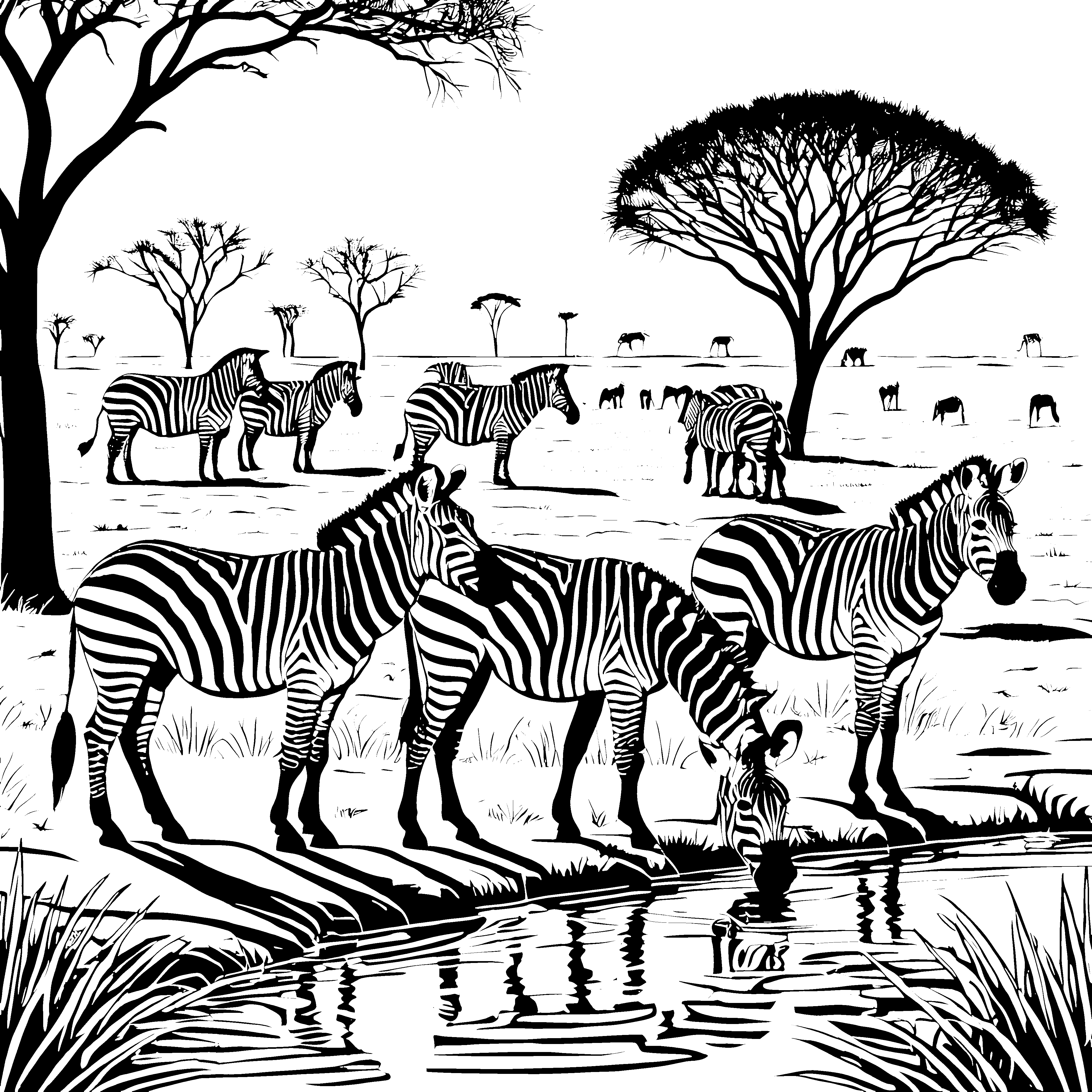 Bezaubernde Zebras am Wasserloch Malvorlage für kleine Naturentdecker