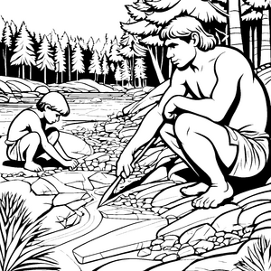 Neandertaler beim Steinbrechen am Fluss Ausmalbild für neugierige Entdecker