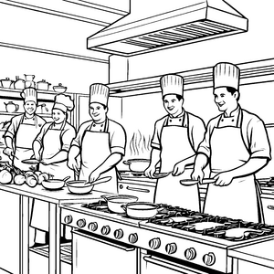 Begeisterte Chefs im kreativen Küchenteam Ausmalvorlage für kleine Gourmet-Entdecker