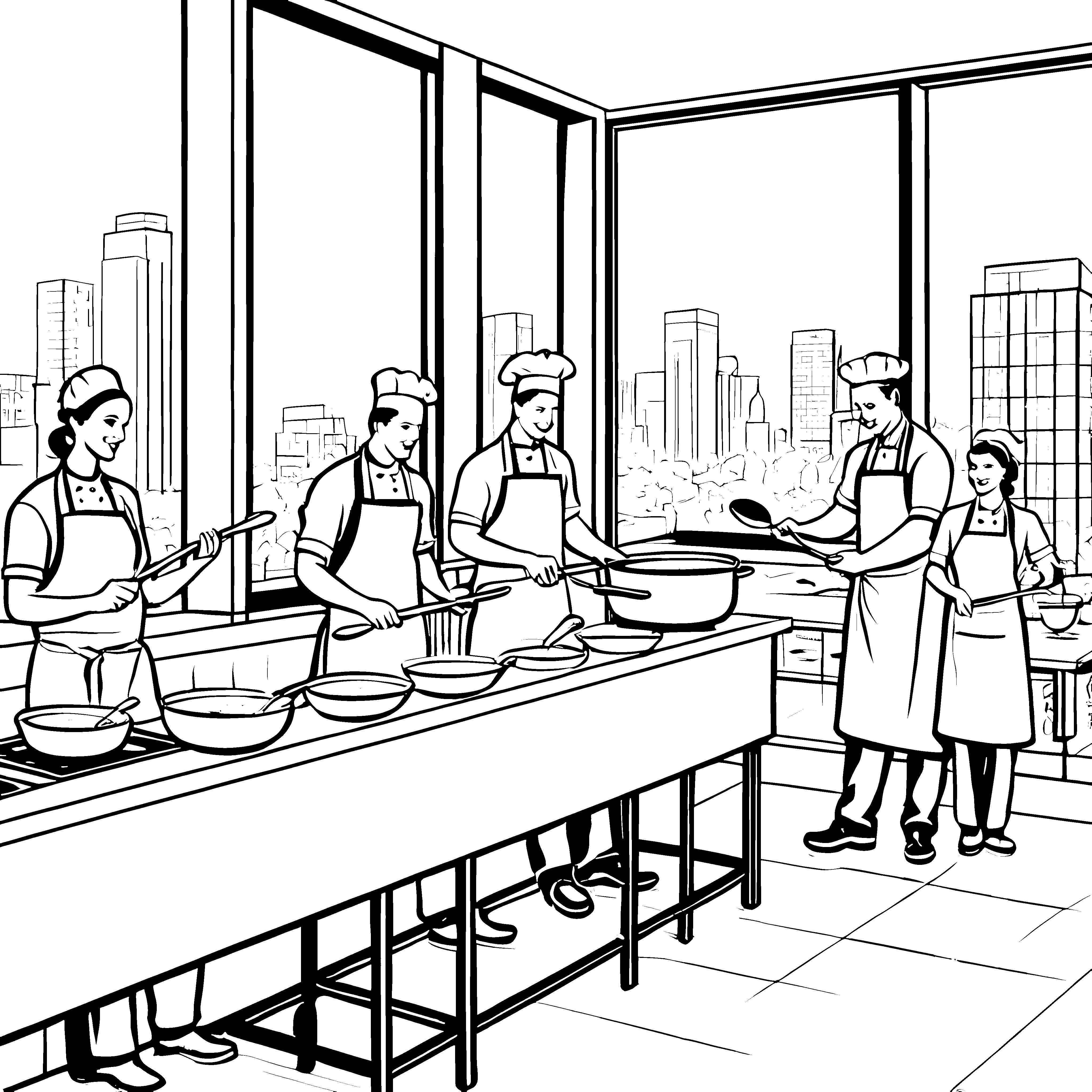 Begeisterte Köche bei der kreativen Zubereitung Ausmalbild für kleine Küchenchefs