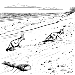 Spaßige Kojoten-Welpen beim Erforschen des Strandes Ausmalvorlage für neugierige Entdecker
