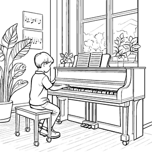 Musikalisches Kind am brillanten Klavier Ausmalvorlage für kleine Komponisten