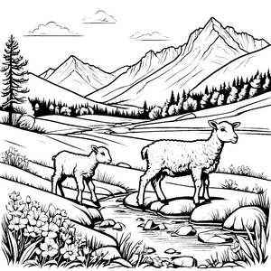 Niedliche Widderkinder am sprudelnden Bach Ausmalmotiv für kleine Naturentdecker