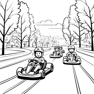 Rasante Kartbahn mit fröhlichen Fahrern Ausmalbild für kleine Rennfahrer