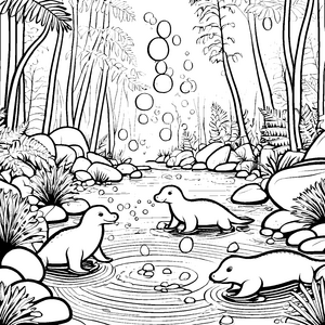 Plätschernde Schnabeltiere im spritzenden Wasser Ausmalvorlage für neugierige Entdecker