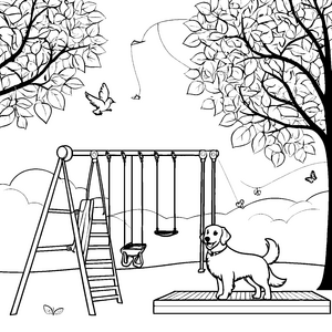 Fröhlicher Golden Retriever beim Spielen auf dem Spielplatz Ausmalvorlage für abenteuerliche Entdecker
