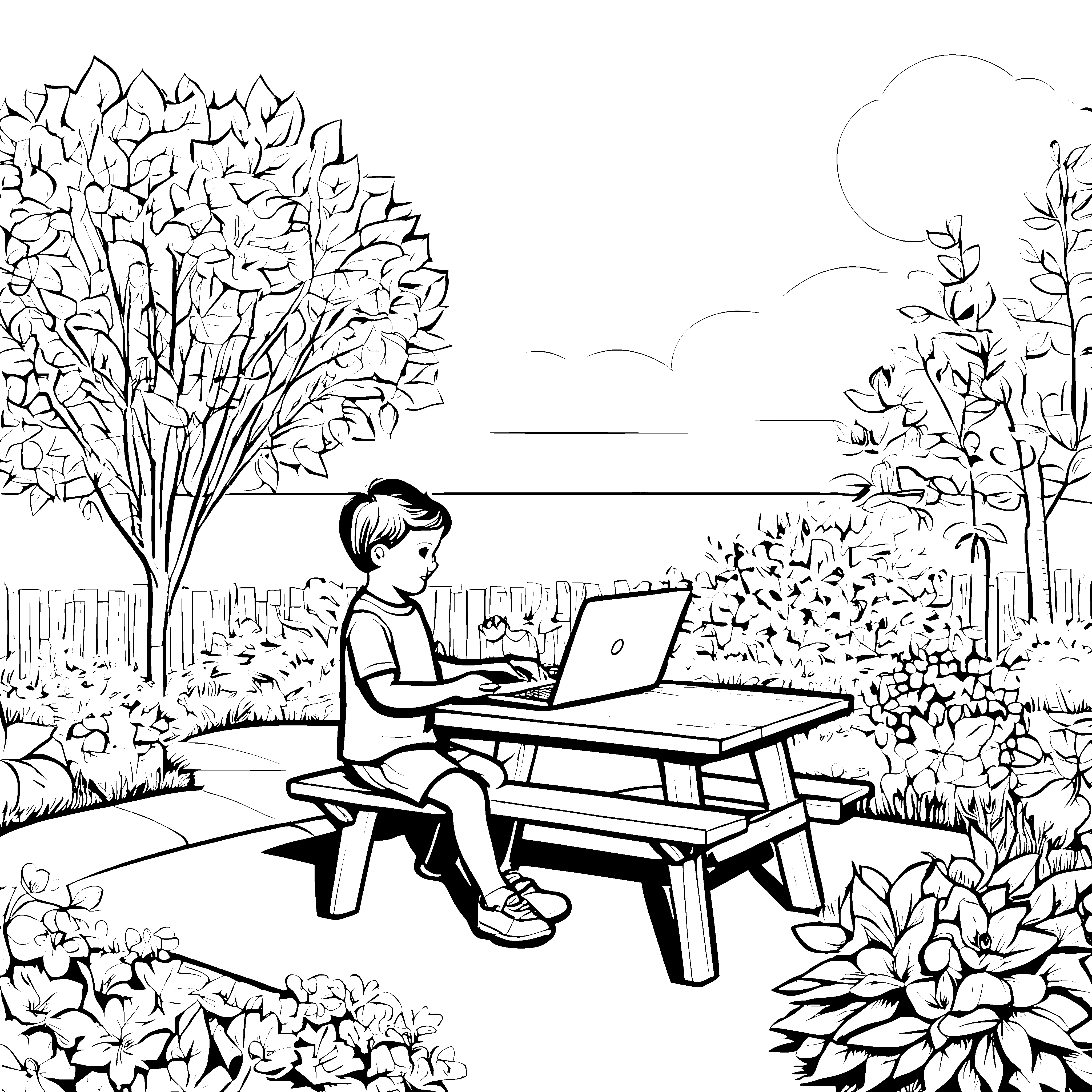 Kreativer Junge am Tisch mit Laptop Ausmalvorlage für junge Technik-Fans