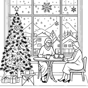 Gemütliches Advents-Kaffeekränzchen mit festlichem Tannenbaum Ausmalbild für herzliche Weihnachtsfreunde