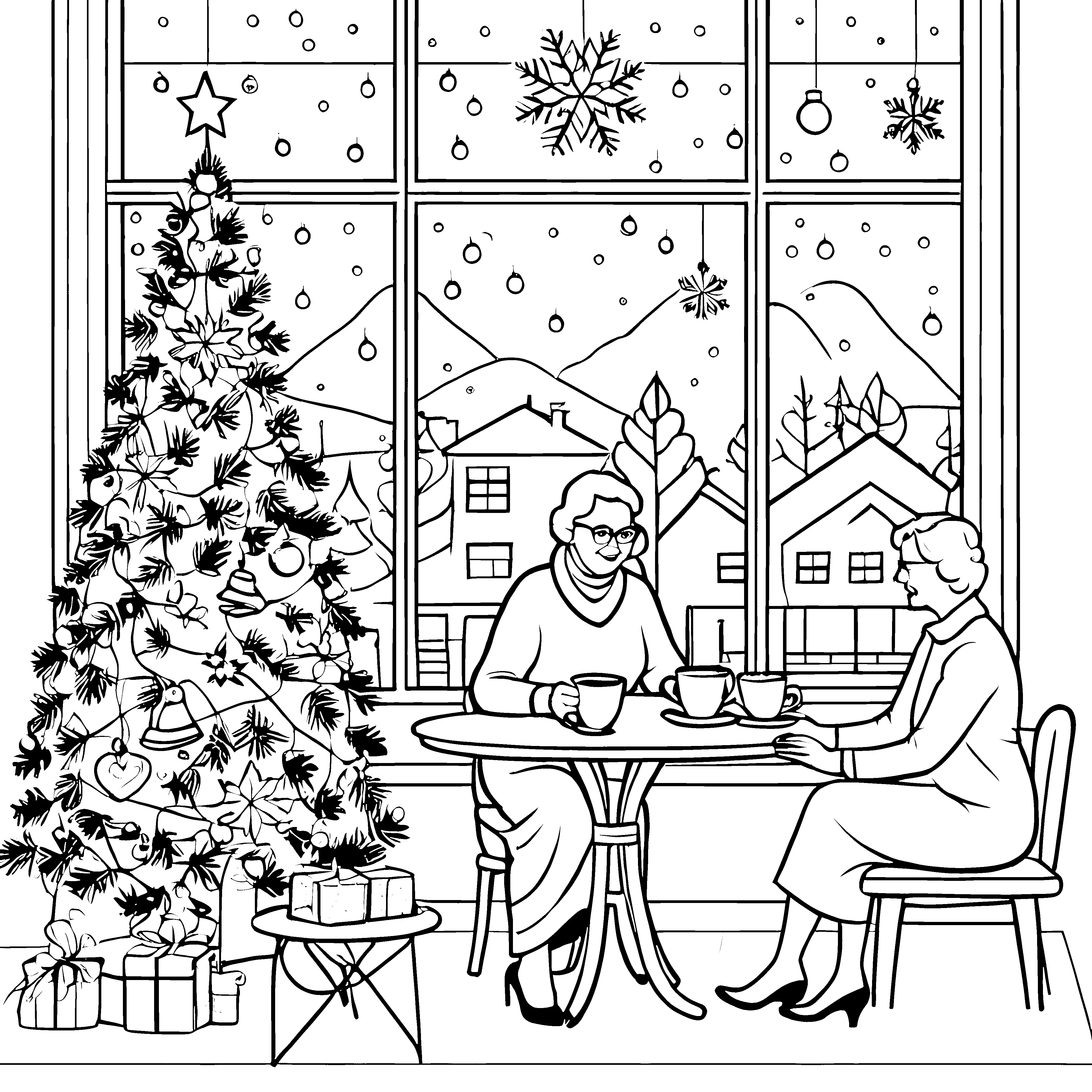 Gemütliches Advents-Kaffeekränzchen mit festlichem Tannenbaum Ausmalbild für herzliche Weihnachtsfreunde