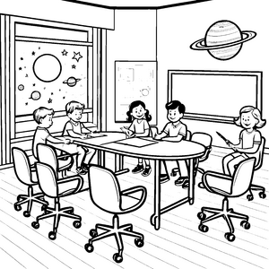 Gestaltende Konferenzstühle im kreativen Raum Ausmalbild für fantasievolle Entdecker
