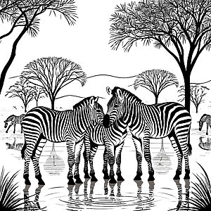 Zebra-Jungtiere am glitzernden Wasser Ausmalbild für neugierige Tierentdecker