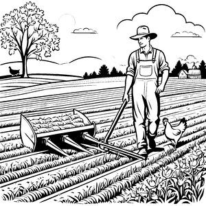 Fleißiger Bauer beim Pflügen fruchtbarer Felder Ausmalvorlage für kleine Landwirtschaftsfreunde