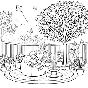 Verspielter Sitzsack im blühenden Garten Ausmalbild für kleine Naturfreunde
