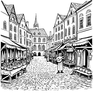 Bezaubernder Barde auf dem lebhaften Marktplatz Ausmalvorlage für kreative Geschichtenerzähler