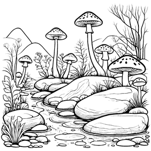 Faszinierende Steinpilze am plätschernden Bach Ausmalbild für kleine Naturfreunde