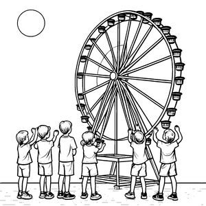 Aufregendes Riesenrad mit jubelnden Freunden Ausmalvorlage für fröhliche Entdecker