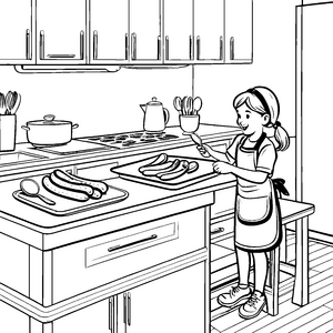 Lustige Bratwürste auf dem Küchentisch Ausmalbild für kleine Küchenchefs
