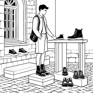 Kreativer Schuhverkäufer in spannender Auslage Malvorlage für kleine Modefans