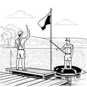 Mutiger Bademeister am Strand mit Flagge Malvorlage für kleine Wasserratten