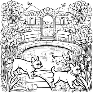 Drei neugierige Französische Bulldoggen am malerischen Teich Ausmalbild für junge Abenteurer