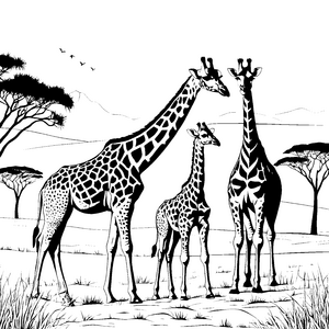 Charmante Giraffenfamilie unter dem weiten Himmel Ausmalbild für neugierige Tierliebhaber