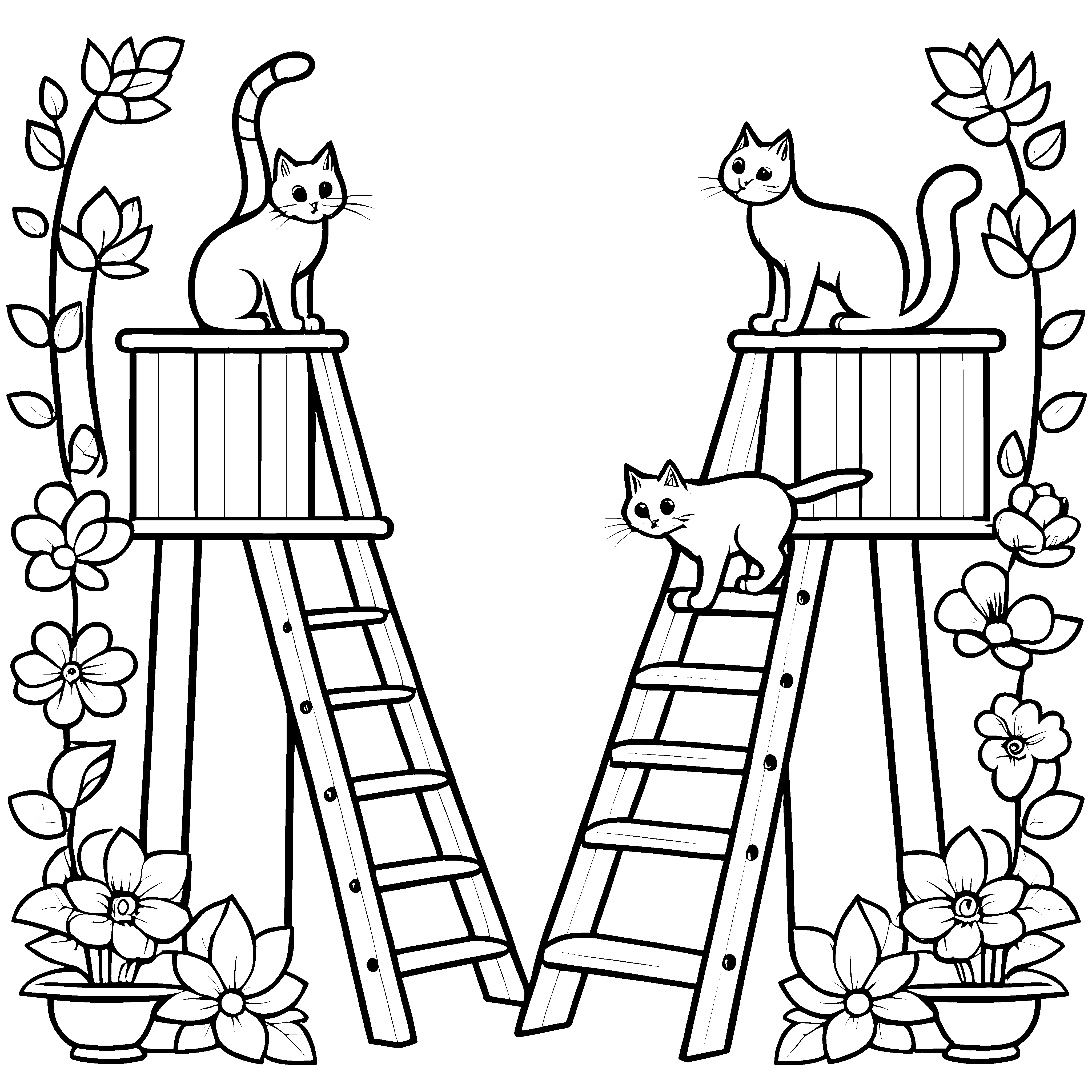 Kletternde Katzen auf bunten Leitern Ausmalmotiv für pfiffige Tierfreunde