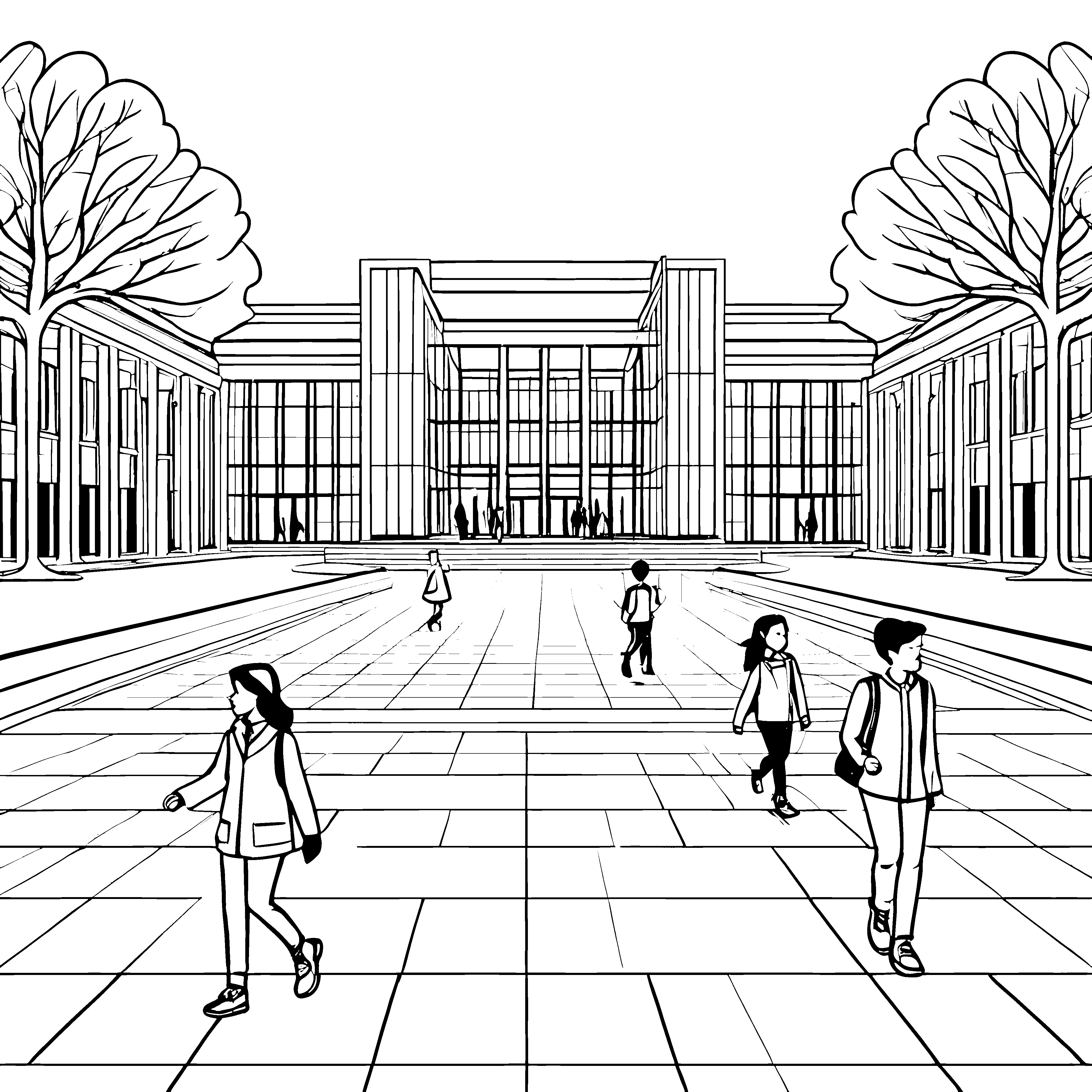 Moderne Universität mit lebhaftem Campus Ausmalbild für wissbegierige Studierende