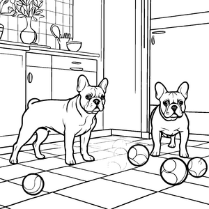 Zwei aufgeweckte Französische Bulldoggen mit bunten Bällen Ausmalmotiv für fröhliche Tierfreunde