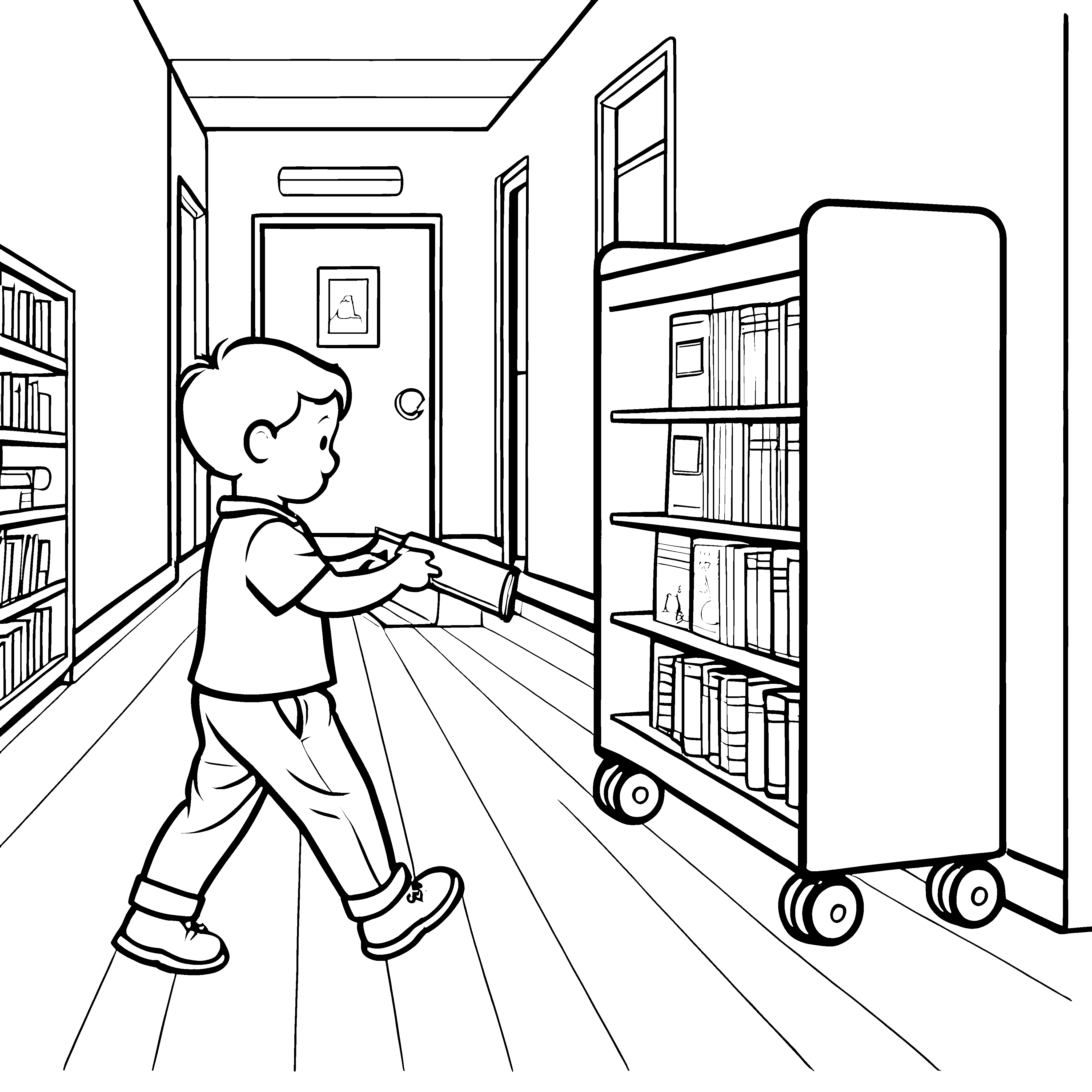 Neugieriger Junge mit Rollschrank voller Bücher Ausmalbild für wissensdurstige Zauberer