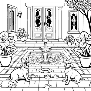 Zwei neugierige Französische Bulldoggen vor sprudelndem Brunnen Ausmalmotiv für kleine Gartenfreunde