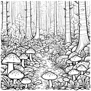 Mystische Fliegenpilze im geheimen Wald Ausmalbild für neugierige Naturforscher