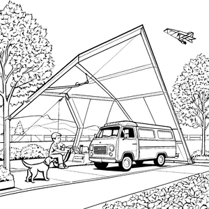 Moderne Carport-Architektur mit fröhlichem Hund Ausmalvorlage für kreative Fahrzeugfreunde