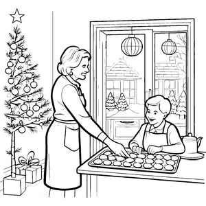Fröhliches Plätzchenbacken im festlich geschmückten Wohnzimmer Ausmalmotiv für kreative Weihnachtsfans