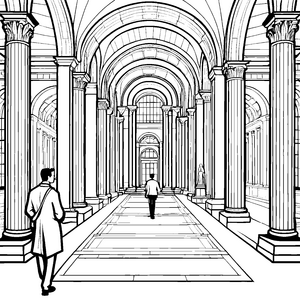 Elegante Passanten im historischen Campus Ausmalbild für neugierige Forscher