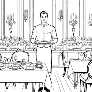 Eleganter Kellner mit schmackhaften Gerichten Ausmalmotiv für angehende Gourmet-Künstler