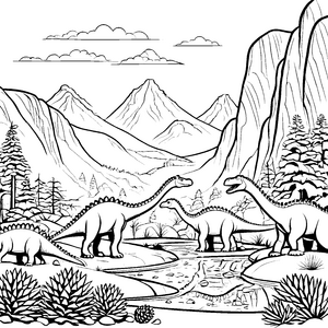 Wundervolle Diplodocus-Familie in der prähistorischen Landschaft Ausmalbild für kreative Dino-Fans